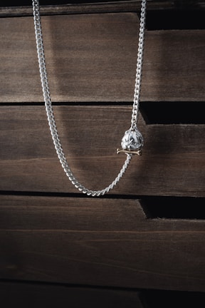 A silver necklace with a pendant, hanging against a background of textured, dark wooden drawers. The necklace has a sleek, twisted chain that adds a touch of elegance.