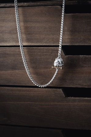 A silver necklace with a pendant, hanging against a background of textured, dark wooden drawers. The necklace has a sleek, twisted chain that adds a touch of elegance.