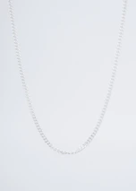 360-degree view of a minimalist men's necklace displayed on a white surface.
