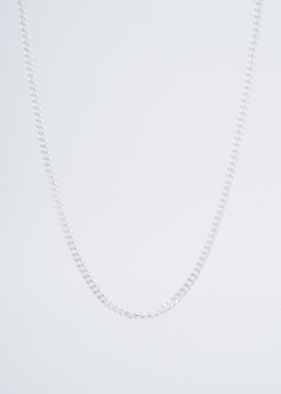 A simple silver chain necklace displayed against a plain white background.