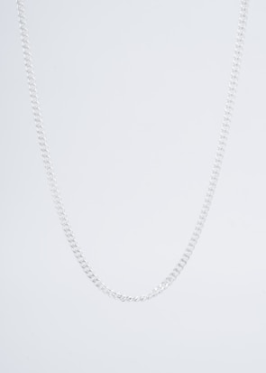 A simple silver chain necklace displayed against a plain white background.