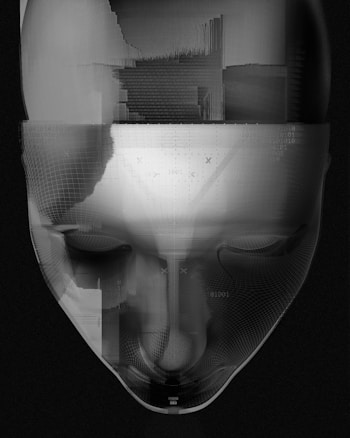 A grayscale digital abstract representation features a human-like face with a mesh overlay and various geometric patterns and data sequences. The image combines elements of a human face with grid lines and digital noise, suggesting a blend of technology and humanity. Numbers and codes are interspersed throughout, enhancing the theme of digital interaction.