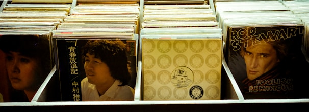 A collection of vinyl records displayed in an organized manner, showcasing album covers with diverse artwork. The central themes include music and classic record albums, offering a nostalgic glimpse into different musical eras.