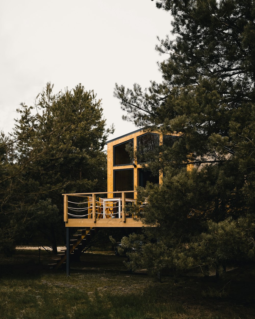 a tree house in the middle of a forest