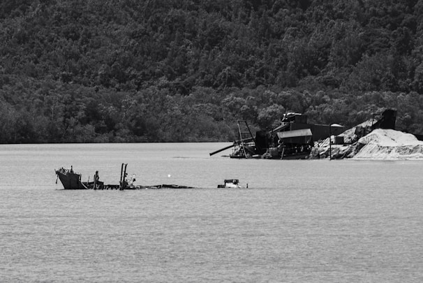 A partially submerged shipwreck is visible in a body of water, with a densely forested hillside in the background. To the right, an industrial structure, possibly a dredging operation, is present onshore with machinery and mounds of sand.