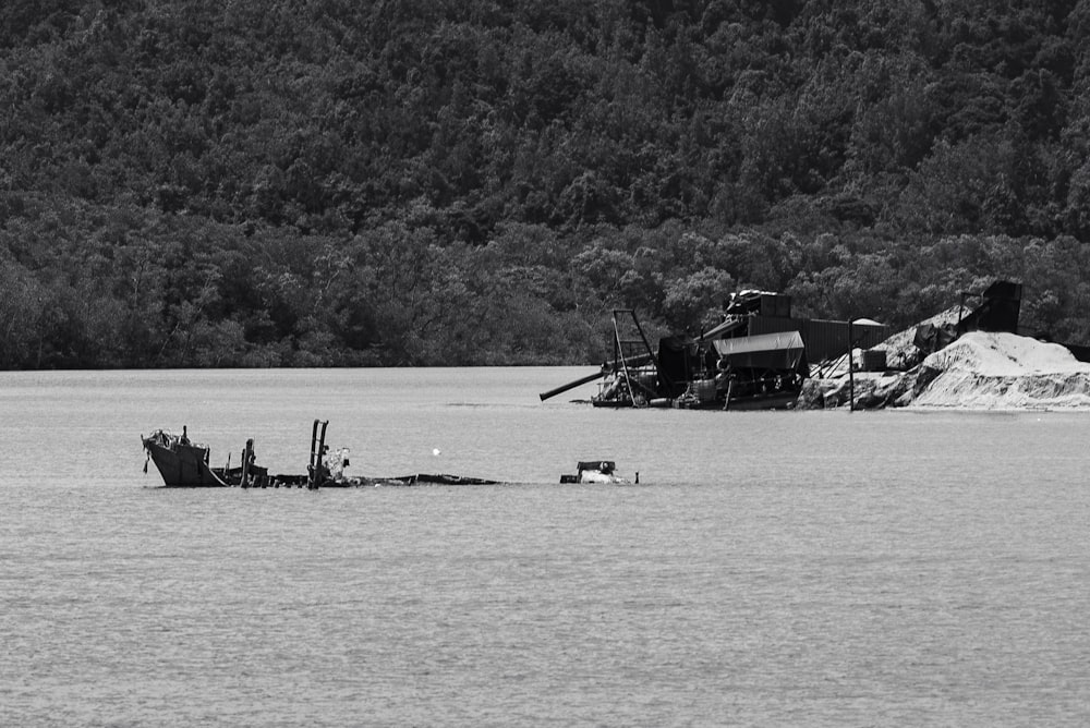 a boat in a body of water near a forest