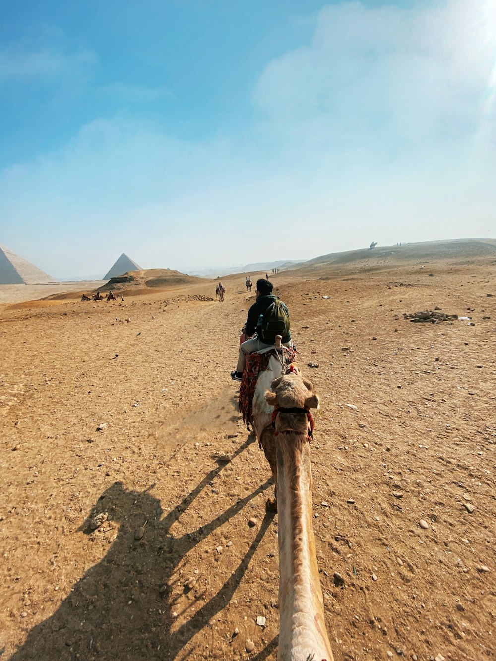 a person riding a camel in the desert