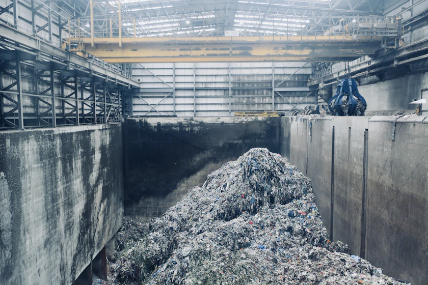 Ein Berg gemischter Abfälle liegt im Betonbunker einer Abfallverwertungsanlage unter einem Brückenkran.
