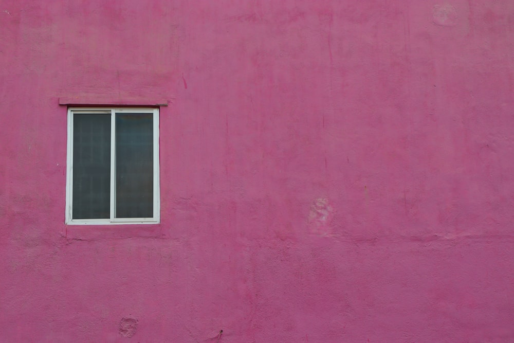 a pink wall with a window and a bench