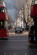 A black taxi drives down a city street lined with tall buildings. Red double-decker buses are visible on either side, framing the central taxi. The street is busy with traffic and pedestrians. The sky is overcast, adding a grey tone to the atmosphere. Leafless trees line the sidewalks.