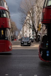 A Leyton taxi driving through a leafy suburban neighborhood on a bright sunny day.