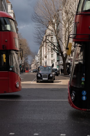 A black taxi drives down a city street lined with tall buildings. Red double-decker buses are visible on either side, framing the central taxi. The street is busy with traffic and pedestrians. The sky is overcast, adding a grey tone to the atmosphere. Leafless trees line the sidewalks.