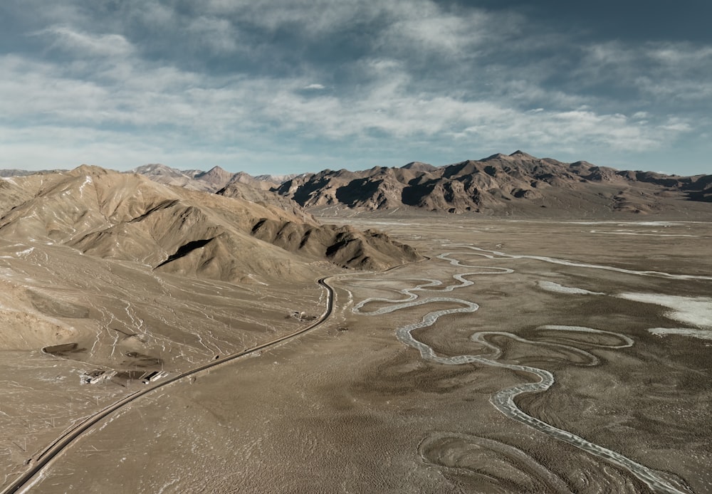 an aerial view of a river running through a desert