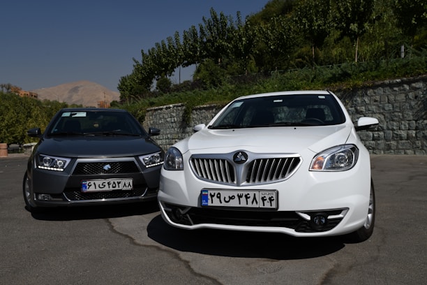 Two cars are parked on a paved surface in an outdoor setting, with lush green trees and a stone wall in the background. The car on the left is dark gray with a slightly aggressive front design, while the car on the right is white, featuring a sleek and modern look. Both cars have license plates with writing on them.