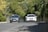 Two cars are driving side by side on a road bordered by lush green foliage. The road curves slightly, with a combination of sunlight and shadows creating a dynamic contrast on the asphalt. The surrounding environment is rich with greenery, providing a serene backdrop.