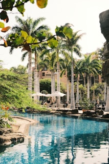 Tall palm trees surround a pristine swimming pool, with clear blue water reflecting the sky. Poolside lounge chairs and umbrellas provide a relaxing setting amidst tropical vegetation. In the background, a multi-story building is partially visible.