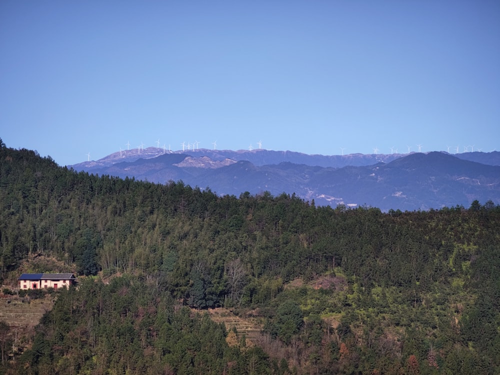 a house in the middle of a forest with mountains in the background