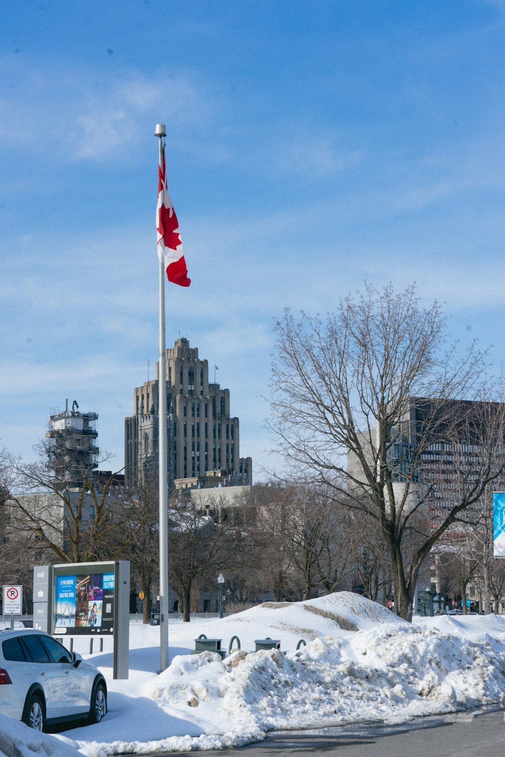 a canadian flag on a pole in the snow