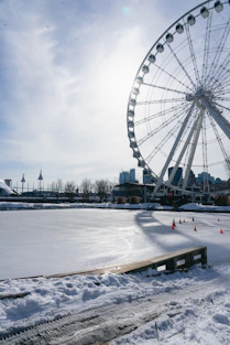 a large ferris wheel sitting on top of a snow covered field