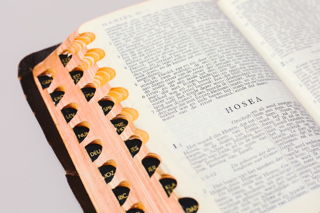 an open book with a bunch of holes in it, Bible with Hosea open on grey table.