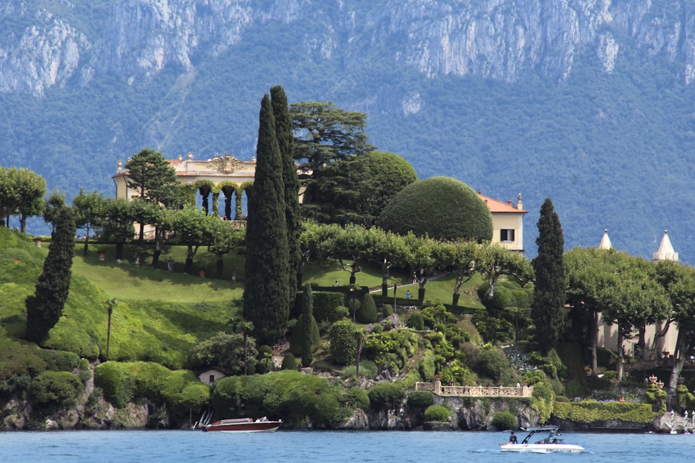 a house on a hill with trees and a boat in the water