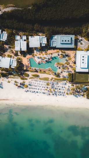 Aerial view of a beachside resort with modern buildings and a large swimming pool surrounded by palm trees. Rows of white lounge chairs and umbrellas line the sandy beach. The turquoise ocean stretches out at the bottom, gradually darkening in color. Dense greenery borders the top edge of the image.