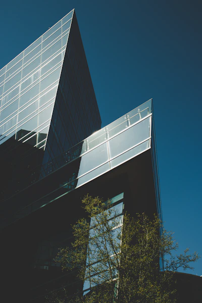 a very tall building with a tree in front of it