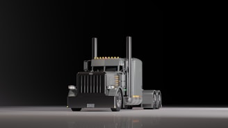 A bright, high-definition photo of a modern Class 8 semi-truck parked at a busy shipping port under clear daylight.