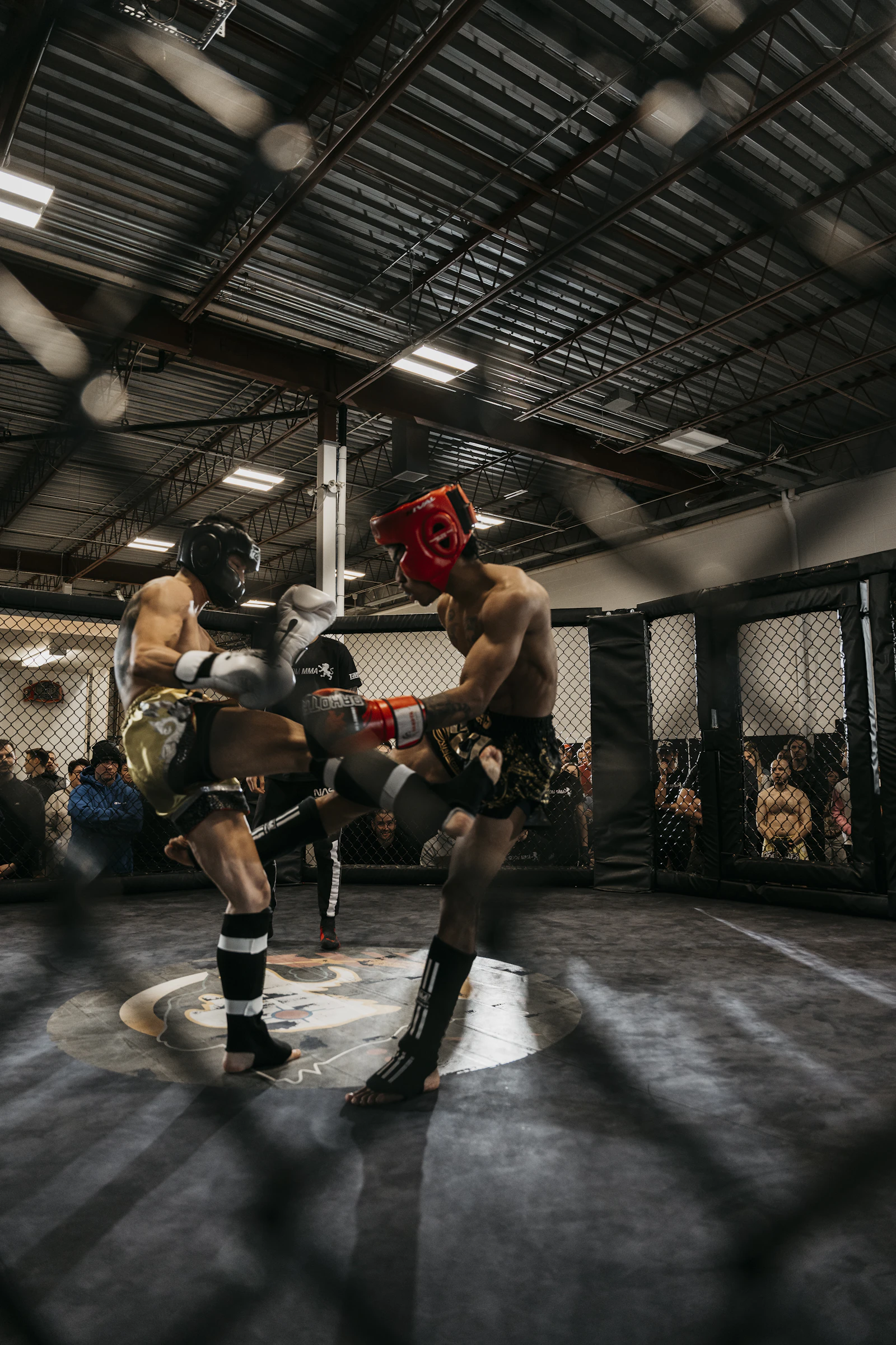 Two fighters exchanging knee strikes in the clinch