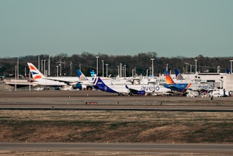 A collage of various airplanes from different airlines taking off and landing at diverse airports.