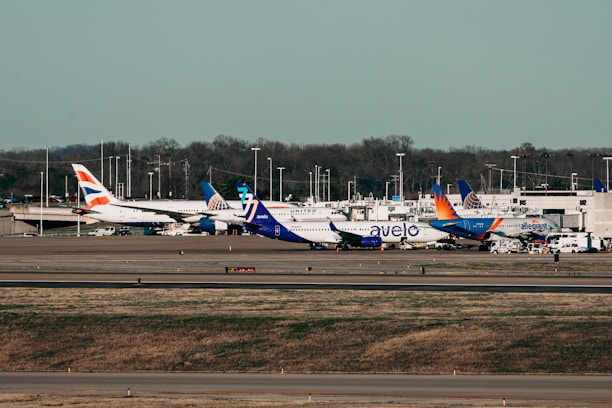 A collage of various airplanes from different airlines taking off and landing at diverse airports.