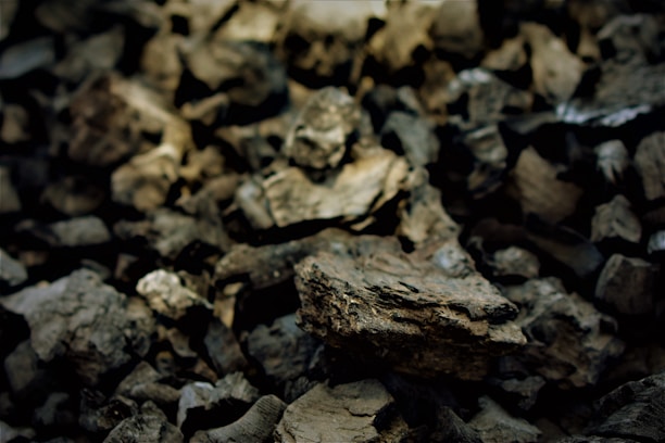 A close-up view of a pile of dark, rough charcoal pieces with irregular shapes and textures, creating a rugged landscape. The light plays across the surfaces, highlighting the varied contours and surface details.