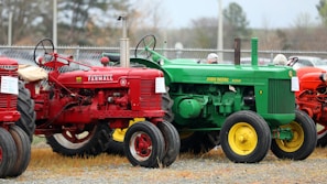 A row of vintage tractors in various colors is parked on a gravel and grass surface near a chain-link fence. The foreground features a red Farmall tractor and a green John Deere tractor with bright yellow wheels. Additional tractors in red can be seen in the background. The setting appears to be an outdoor event, as indicated by the small signs attached to the tractors and a few people interacting with them.
