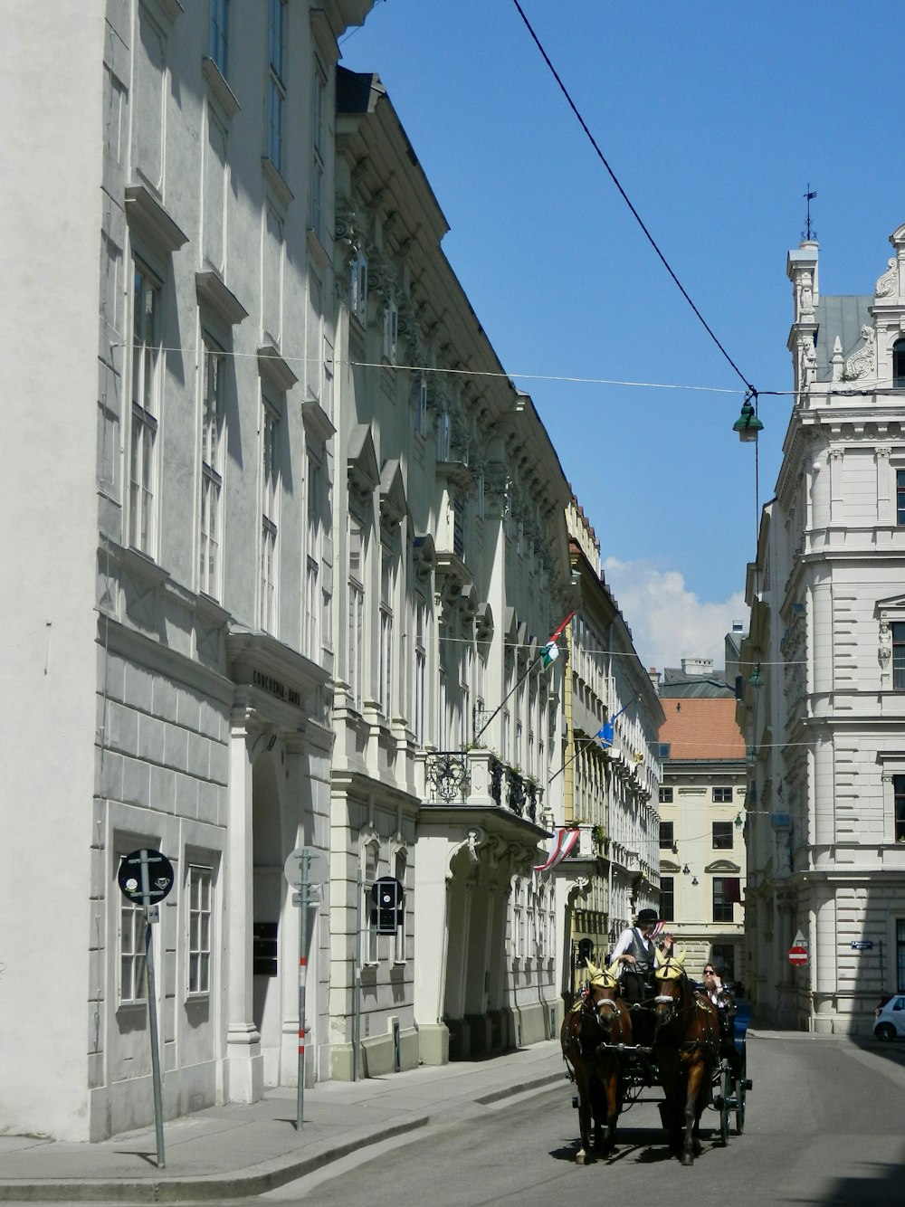 a horse drawn carriage traveling down a city street