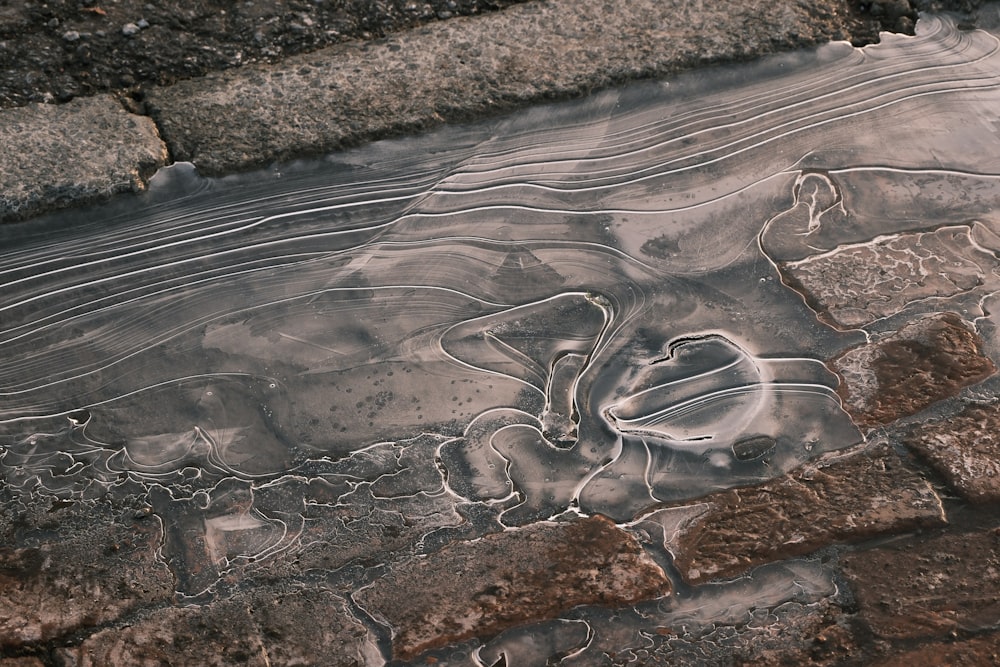 a puddle of water on a brick sidewalk