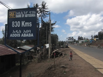 A road sign indicates the distance of 830 kilometers to Addis Ababa and displays the name Bank of Abyssinia. The scene shows a rural road lined with trees and a few small buildings. A child stands near the roadside, and cloud-filled skies stretch above.
