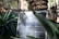 A solar panel is positioned among lush greenery, with large leaves and a tree trunk providing a natural backdrop. The sunlight casts soft shadows across the panel, highlighting its photovoltaic cells.