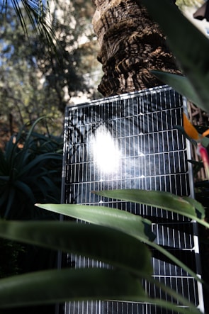 Close-up of solar panel surface capturing sunlight with green landscape in the background.