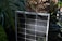 A close-up of a solar panel installation surrounded by healthy vegetation.