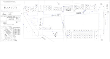 Architectural or urban planning layout with labeled sections and codes. It includes detailed dimensions, various structural elements, streets, and plot numbers. There are also annotations and technical notes.
