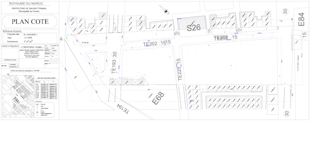 Architectural or urban planning layout with labeled sections and codes. It includes detailed dimensions, various structural elements, streets, and plot numbers. There are also annotations and technical notes.