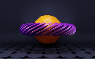 A geometric, golden-yellow polyhedron is surrounded by a twisted, spiraling ring in a vibrant purple color. The objects are set against a dark, textured background composed of circular patterns, creating a surreal and modern abstract composition.