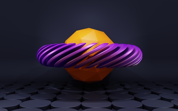 A geometric, golden-yellow polyhedron is surrounded by a twisted, spiraling ring in a vibrant purple color. The objects are set against a dark, textured background composed of circular patterns, creating a surreal and modern abstract composition.