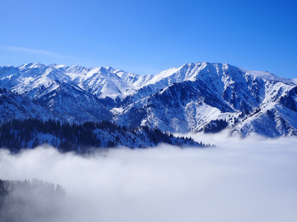 a view of a mountain range covered in snow