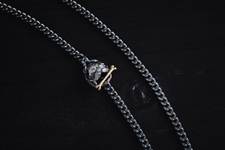 A dark metal chain necklace with a pendant resembling a lion's head clenching a gold-colored bone. The chain and pendant rest on a black surface.