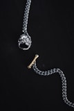 A silver chain with a prominent pendant at one end shaped like a detailed dog head and a small gold bone-shaped toggle clasp on a dark background. The overall composition is minimalistic and artistic, highlighting the metallic textures and intricate designs of the jewelry piece.