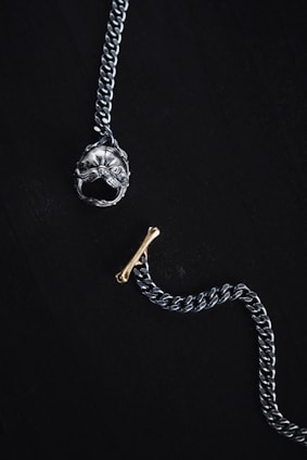 A silver chain with a prominent pendant at one end shaped like a detailed dog head and a small gold bone-shaped toggle clasp on a dark background. The overall composition is minimalistic and artistic, highlighting the metallic textures and intricate designs of the jewelry piece.