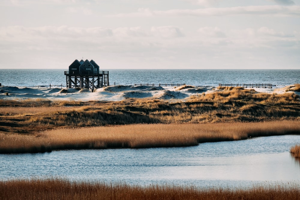 a large body of water sitting next to a wooden structure