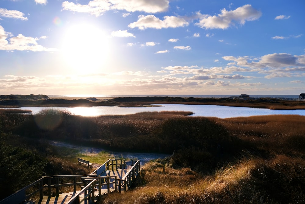 the sun is shining over a marshy area