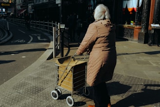 An elderly person with white hair, wearing a long beige coat, is pushing a shopping cart on a city sidewalk. The scene takes place during daytime in an urban area, with a bicycle lane and buildings in the background. The lighting suggests a bright, sunny day.